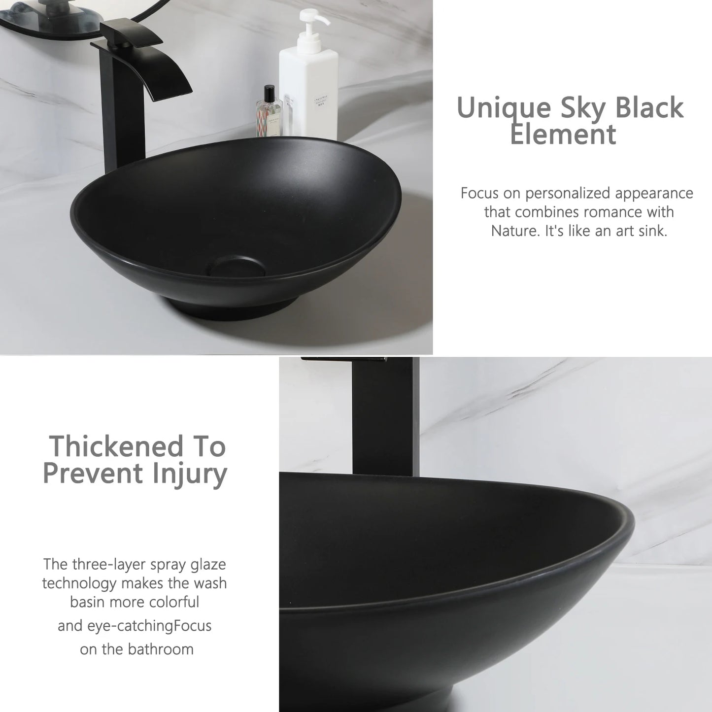Monite Matte Black Bathroom Sink Faucet Set Modern Stone Resin Basin W/ Waterfall Tap Pop Up Drain Combo Art Oval Vessel Sinks