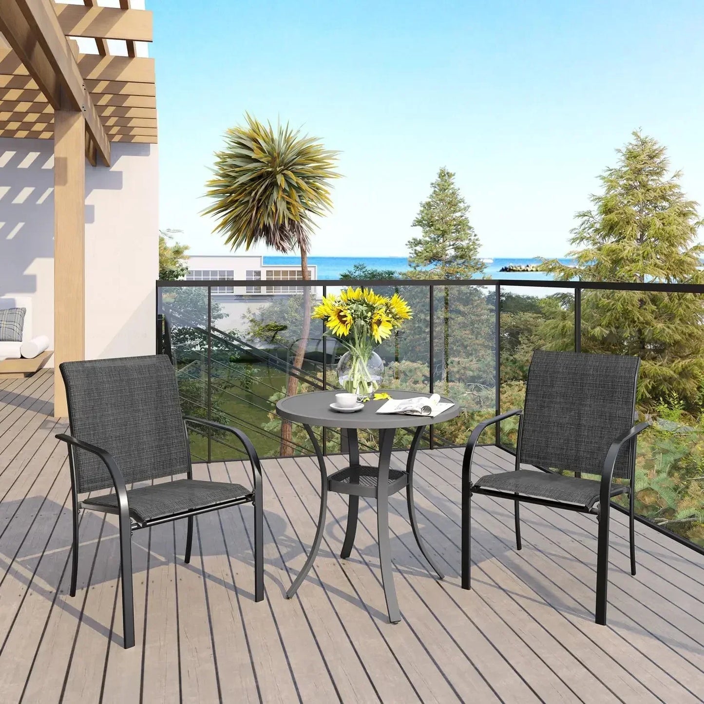 5-Piece Patio Dining Set – Outdoor Furniture Set w/1 Square Table & 4 Stackable Sling Chairs – Patio Dining Furniture