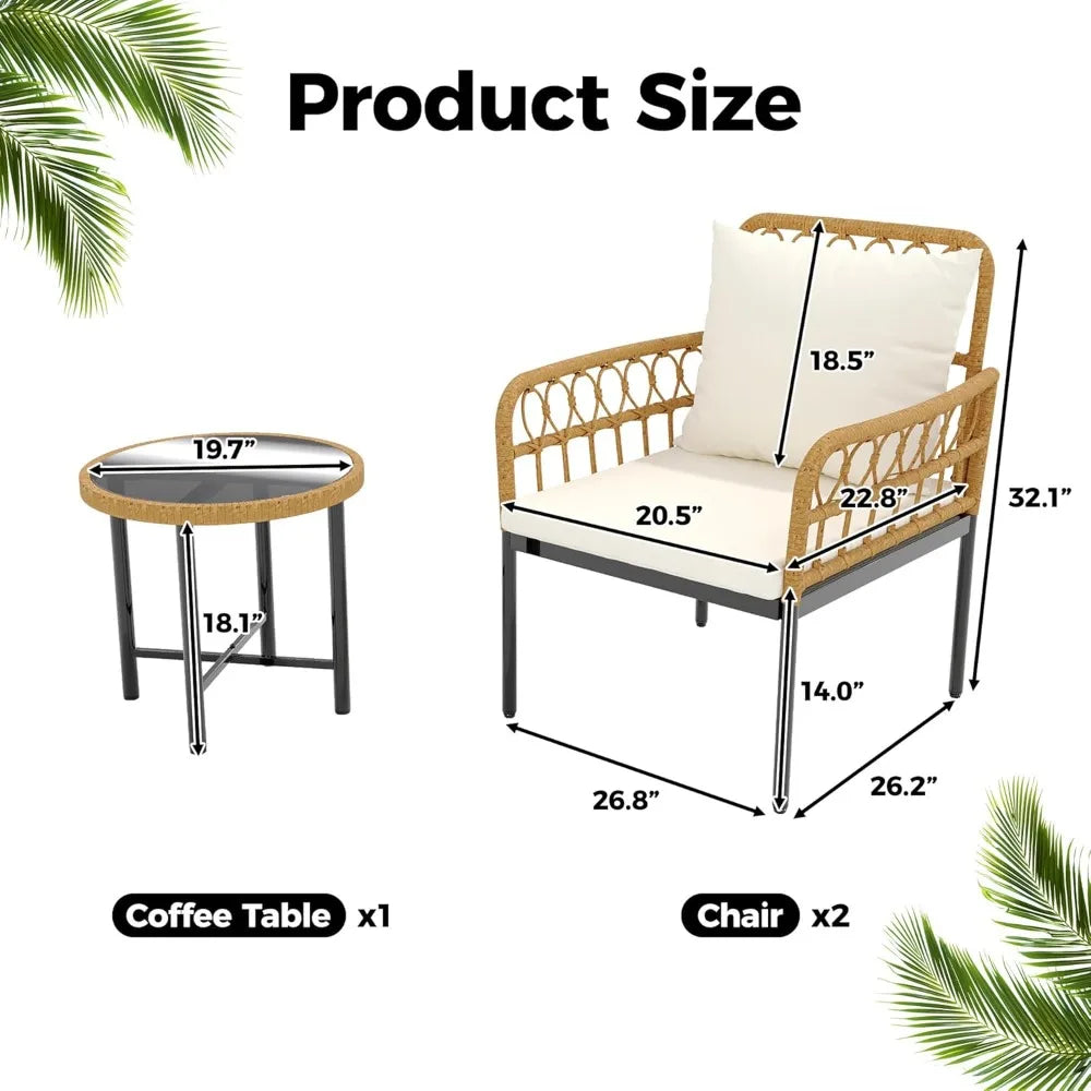 Wicker 3 Pieces Patio Bistro Sets with Glass Top Side Table and 2 Modern Rattan Chairs,for Backyard, Garden Furniture Set