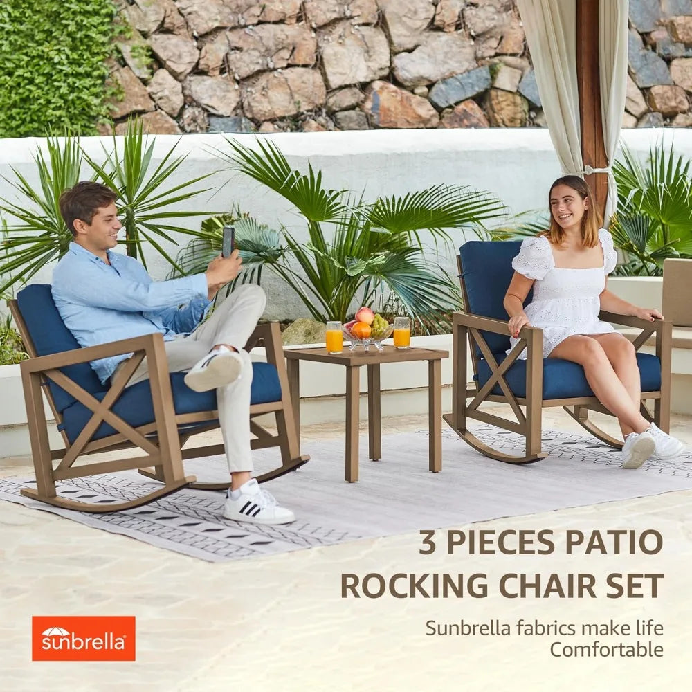 Rocking Bistro Set, 3 Piece Outdoor Patio Conversation Furniture Set with 2 Rockers and 1 Metal Coffee Table with Thick Cushions