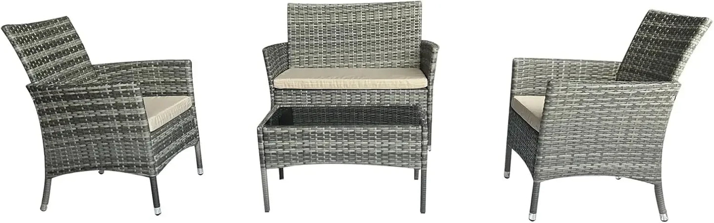 4 Piece Patio Furniture Set, Wicker Sectional Sofa with Armchair, Loveseat & Side Table – Outdoor Use