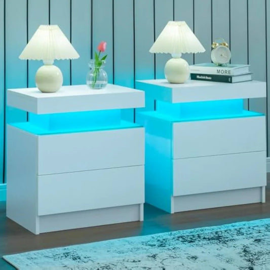LED Nightstand Set of 2 with 2 Drawers, Bedside Table with Drawers for Bedroom Furniture, Side Bed Table