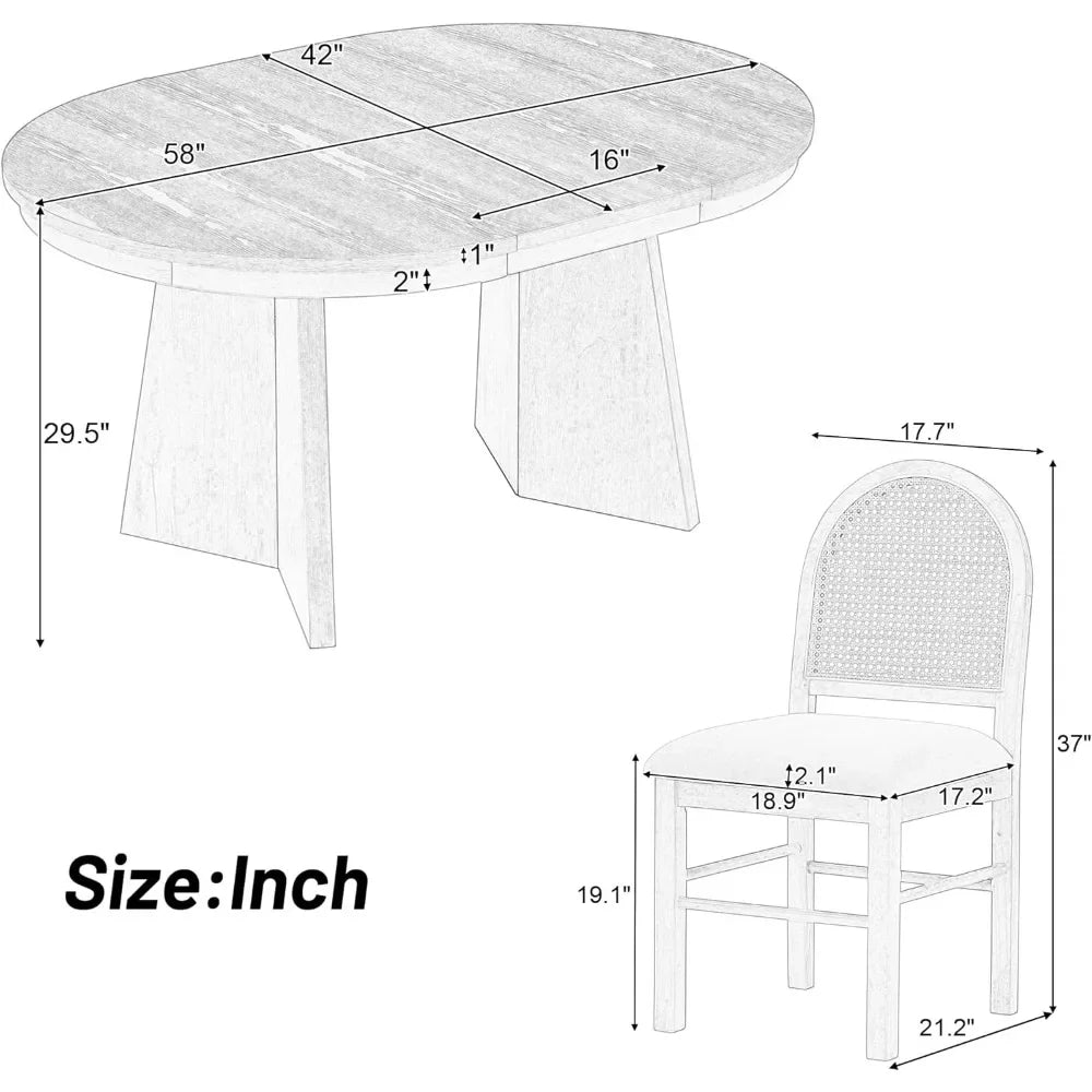 5-Piece Retro Functional Dining Set, Solid Wood Extendable Dining Table with 4 Upholstered Chairs and Rattan Backrests