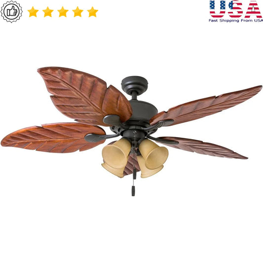 Tropical Ceiling Fan with Light Energy Efficient Hand-Carved Wooden Blades Quiet Reversible Motor Medium Large Rooms