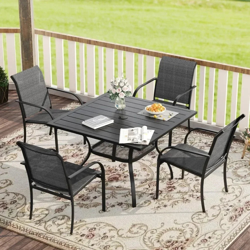 5-Piece Patio Dining Set – Outdoor Furniture Set w/1 Square Table & 4 Stackable Sling Chairs – Patio Dining Furniture