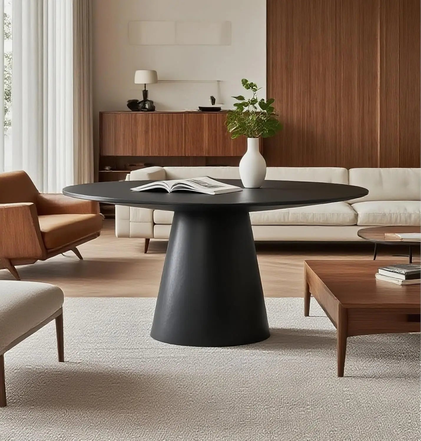43" Mid-Century Modern Farmhouse Round Dining Table for 4-5 - Wooden Pedestal Base with MDF Table Top, Compact Kitchen