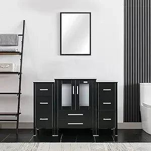 48" Modern Bathroom Vanity Sink Combo Black W/Small Side Cabinets Clear Boat Glass Vessel Sink & Water Save Faucet & Pop Up Dra