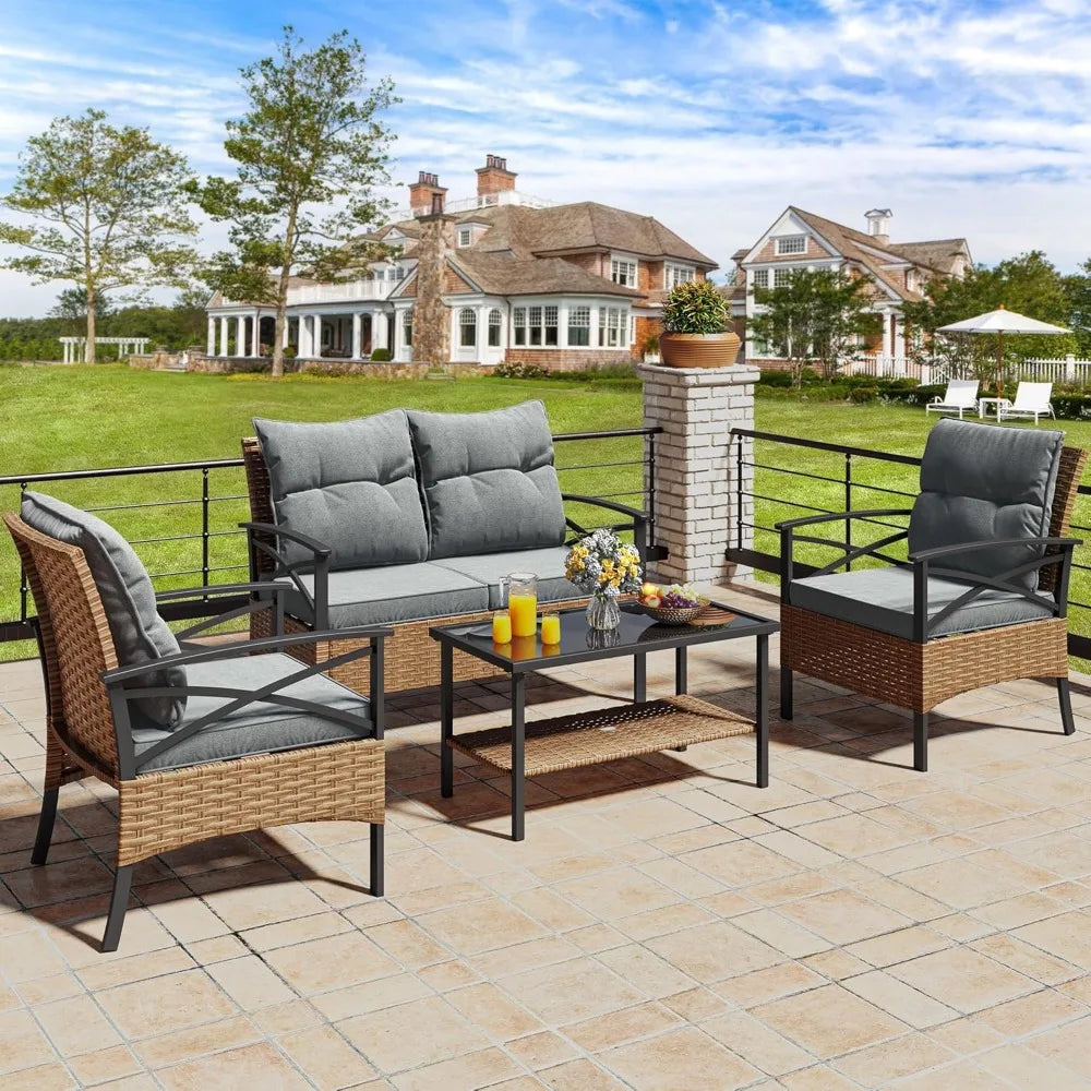 4 pieces patio furniture set outdoor wicker patio conversation set with metal table and soft cushions all-weather rattan bistro