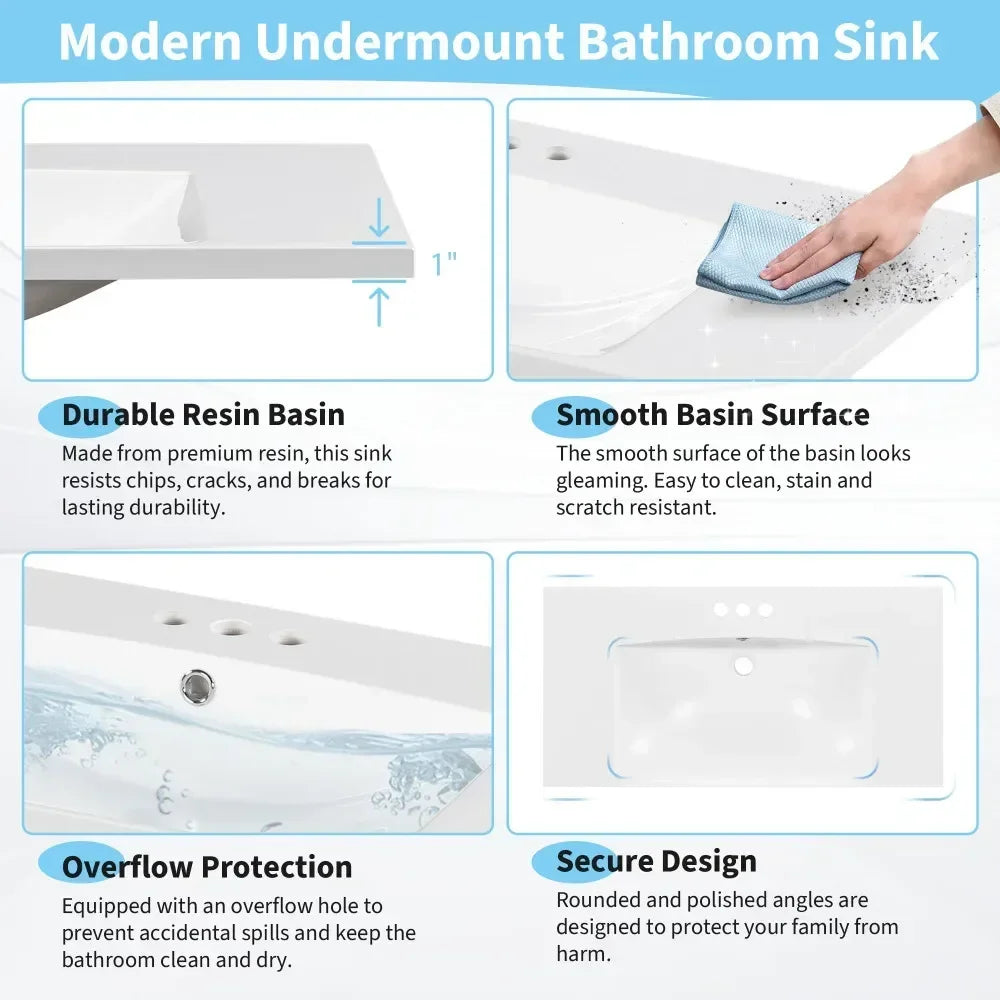 [Sink Only] 36x18" Rectangular 3 Hole Bathroom Resin Sink, Vanity Top ，Sink Only, Fits 4" Center Faucet,24x18 Inch,30x18"