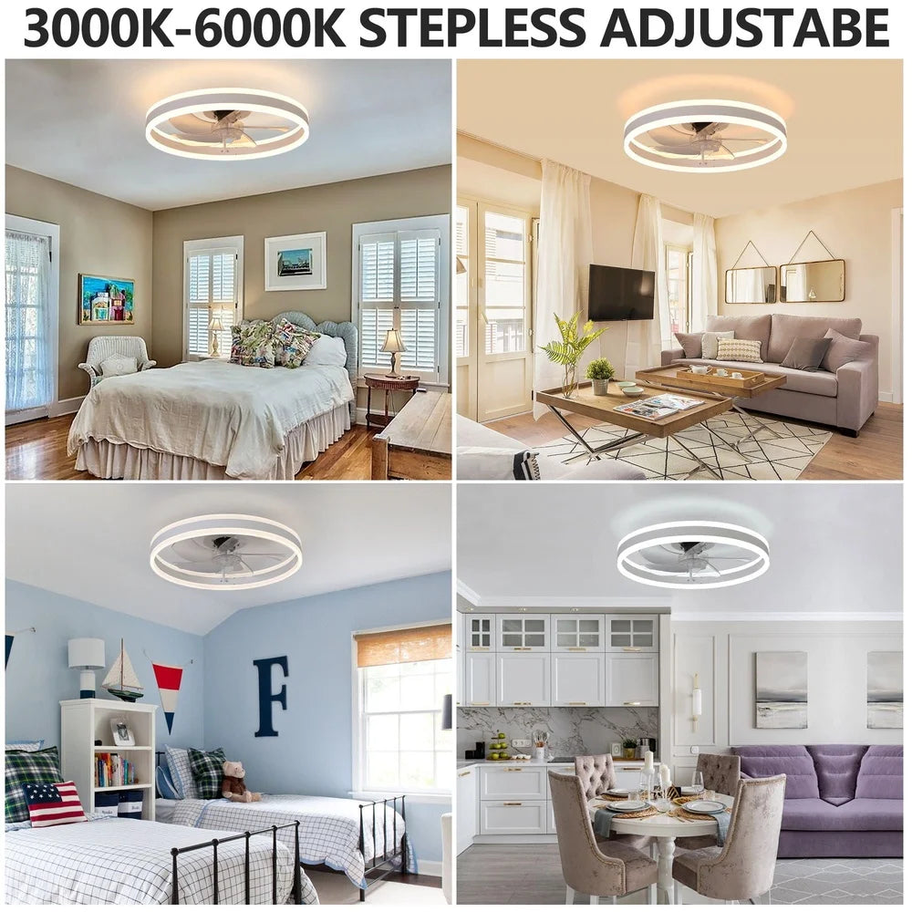 20 Inch Bladeless Ceiling Fan with Remote Dimmable LED Light 6 Speed Control Quiet Motor Energy Efficient Flush Mount Design