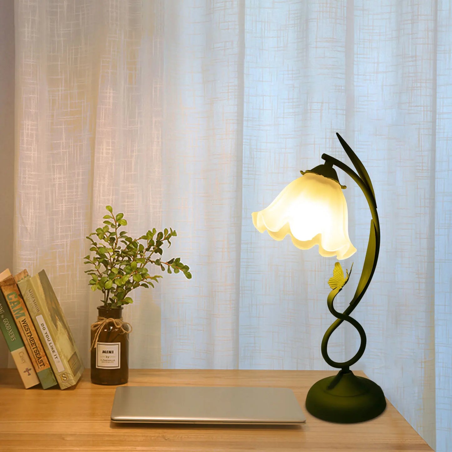 110V 60W Table Lamp Green E26 Flower Shape Glass Bedside Desk Light Fixture Reading Lamp
