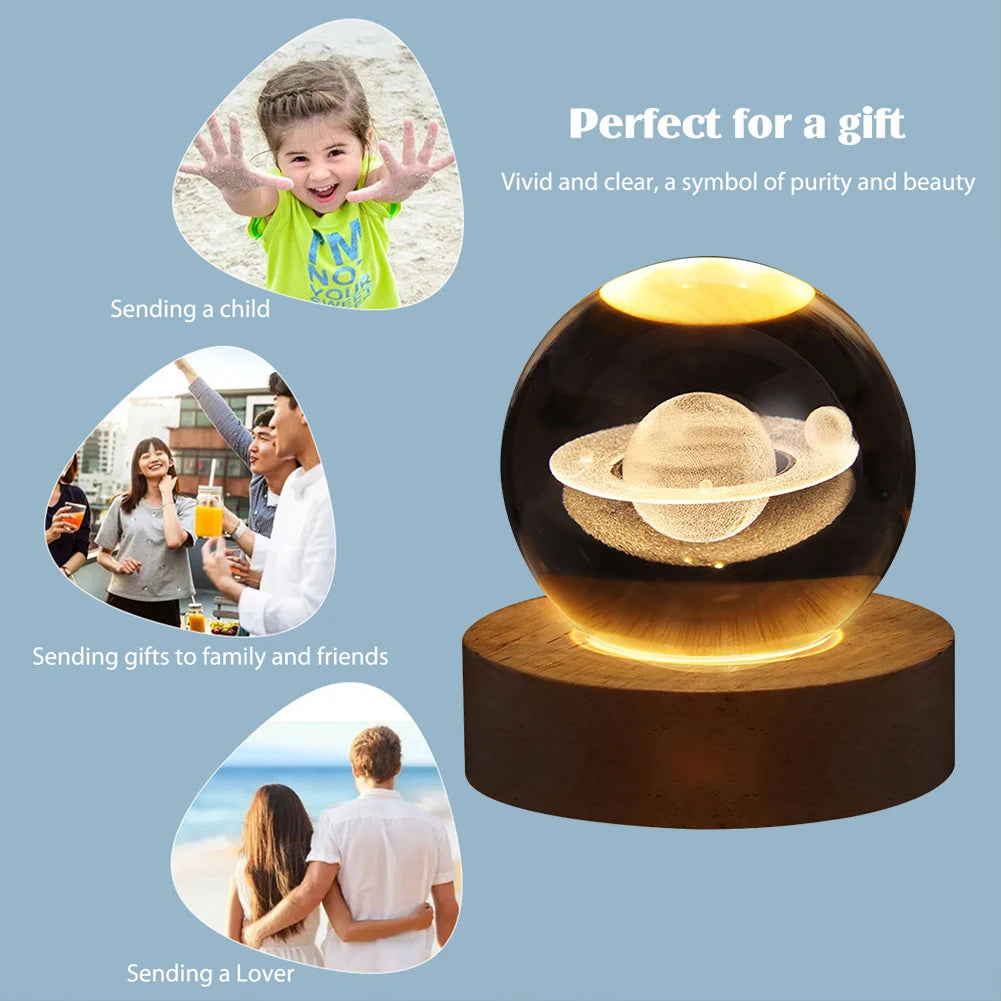 LED Crystal Ball Night Light Crystal Ball Lamp with Wooden Base Solar System Crystal Ball USB Charging for Home Decor