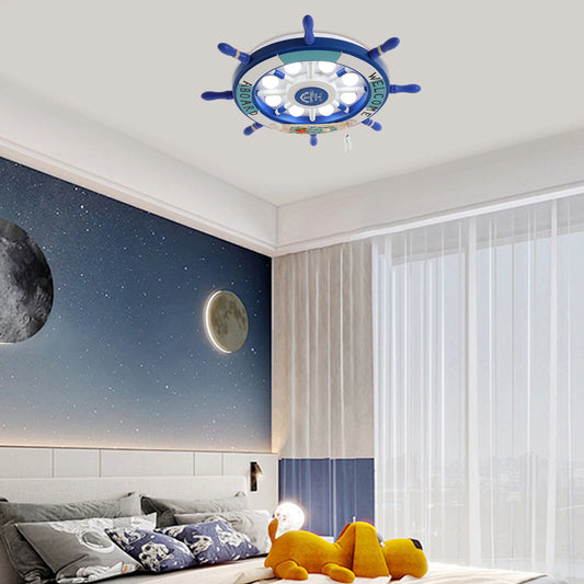 Modern Blue and White Wooden Ceiling Light, Bedroom Round LED Chandelier, 40W 6000K White Indoor Lighting Fixture for 10-12m²