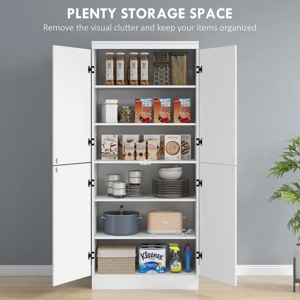 70" Kitchen Pantry Cabinet, Freestanding Storage Cabinet with 4 Doors and 2 Adjustable Shelves for Dining Room, White