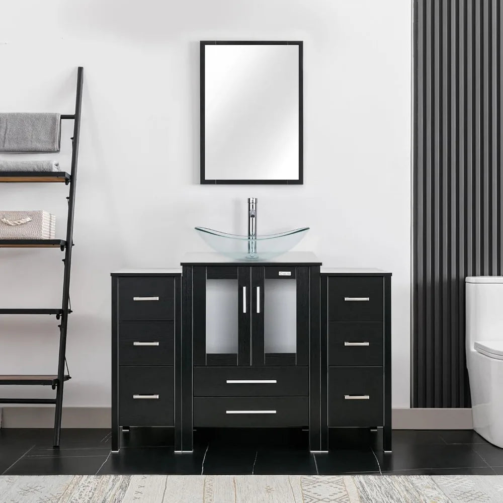 48" Modern Bathroom Vanity Sink Combo Black W/Small Side Cabinets Clear Boat Glass Vessel Sink & Water Save Faucet & Pop Up Dra