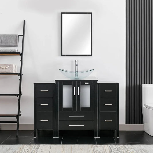 48" Modern Bathroom Vanity Sink Combo Black W/Small Side Cabinets Clear Boat Glass Vessel Sink & Water Save Faucet & Pop Up Dra