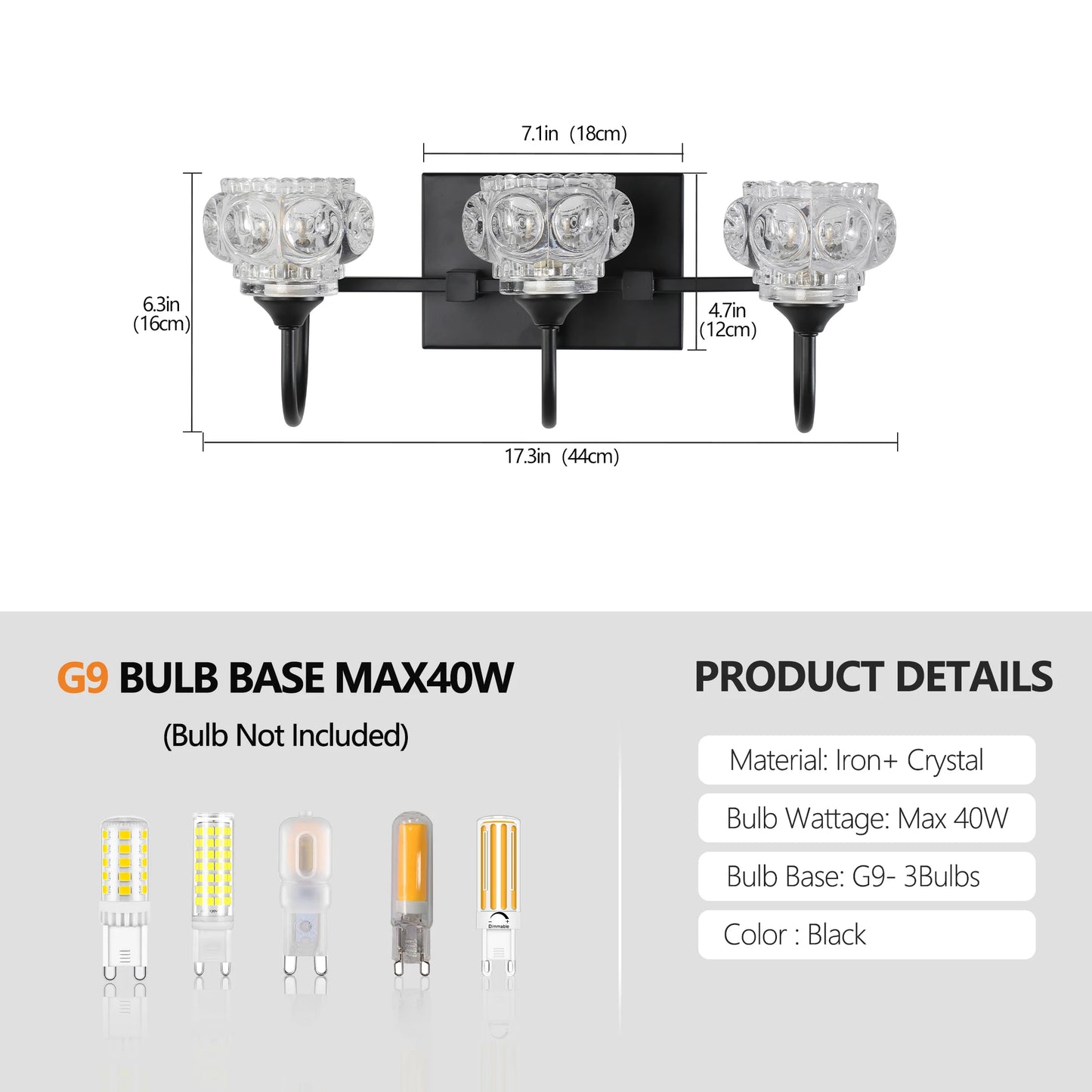 17" Retro 3-Light Bathroom Vanity Light Fixture - Black Finish with Crystal Glass Shades, Wall Mounted Lighting