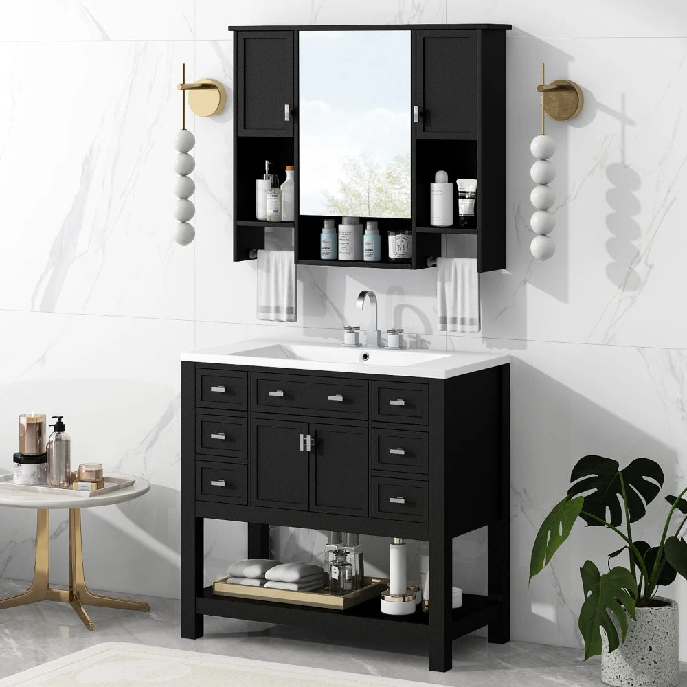 36'' Bathroom Vanity with Top Sink, Modern Mirror Cabinet with Towels Bar, Bathroom Storage Cabinet with 2 Soft Closing Doors