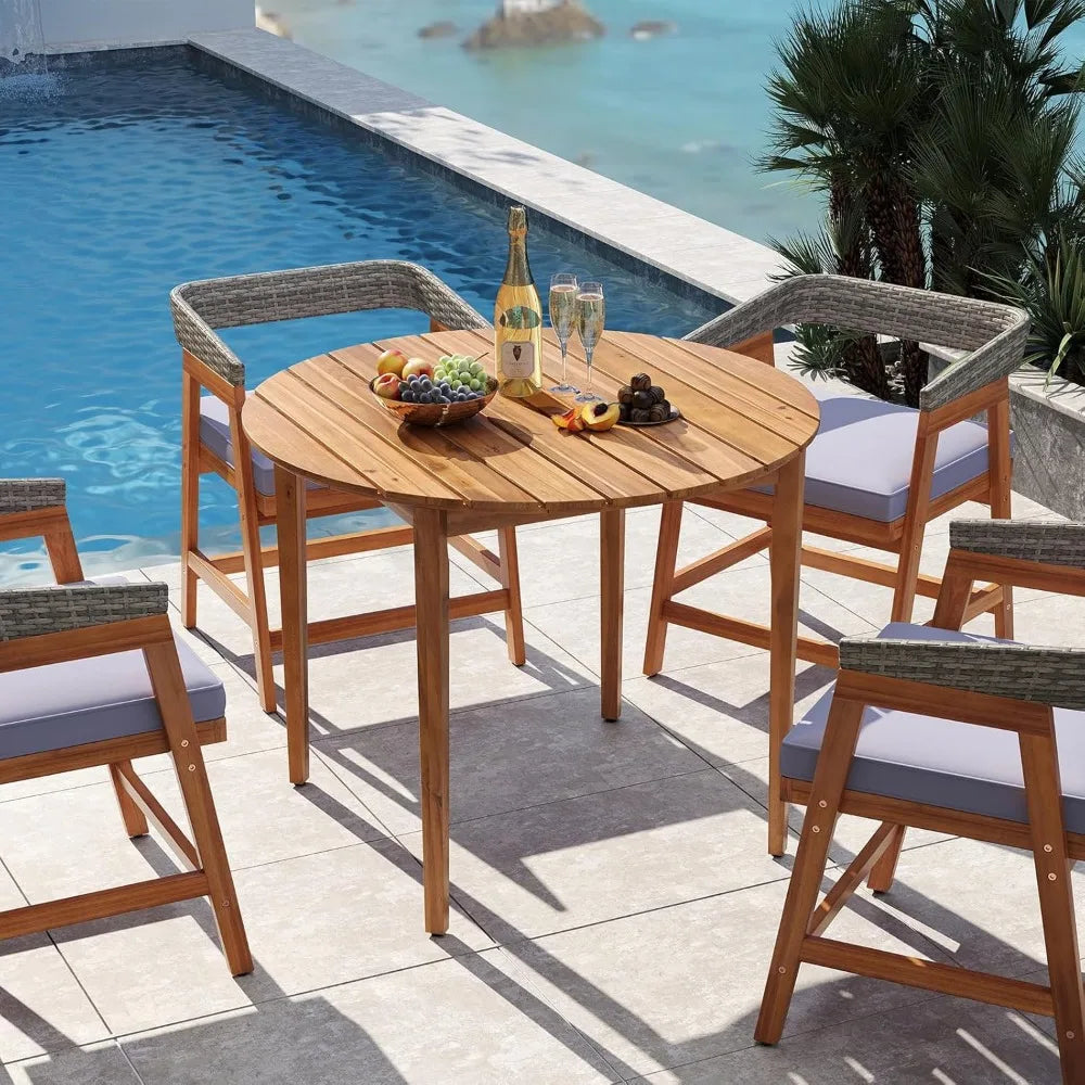 5 piece patio dining set for 4, outdoor solid wood round table with cushioned chairs, for deck, lawn, garden and poolside