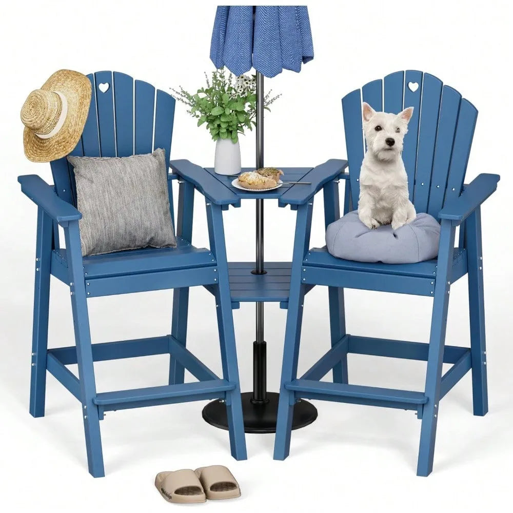 Tall Adirondack Chairs Set of 2 with 2-Layer Connecting Table, HDPE Bar Height Outdoor Table and Chairs with Umbrella Hole