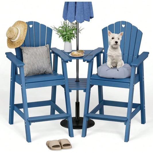 Tall Adirondack Chairs Set of 2 with 2-Layer Connecting Table, HDPE Bar Height Outdoor Table and Chairs with Umbrella Hole