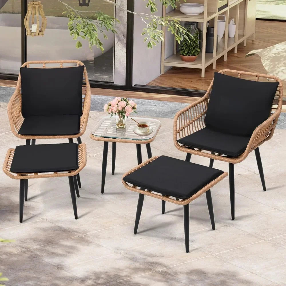 5 Piece Wicker Bistro Patio Conversation Furniture Set, Includes 2 Chairs, 2 Ottomans, and Side Table, Ideal for Porch, Balcony