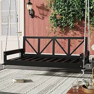 Patio Twin Size Garden Swing Bed, Acacia Wood Porch Swing Hanging Bed Frame with 16.4ft Hemp Ropes for Garden, Backyard, Brown