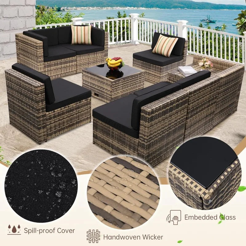 8 Piece Outdoor Wicker Patio Furniture Sectional Set, Glass Top Table With Hidden Storage, Includes 7 Seating Components