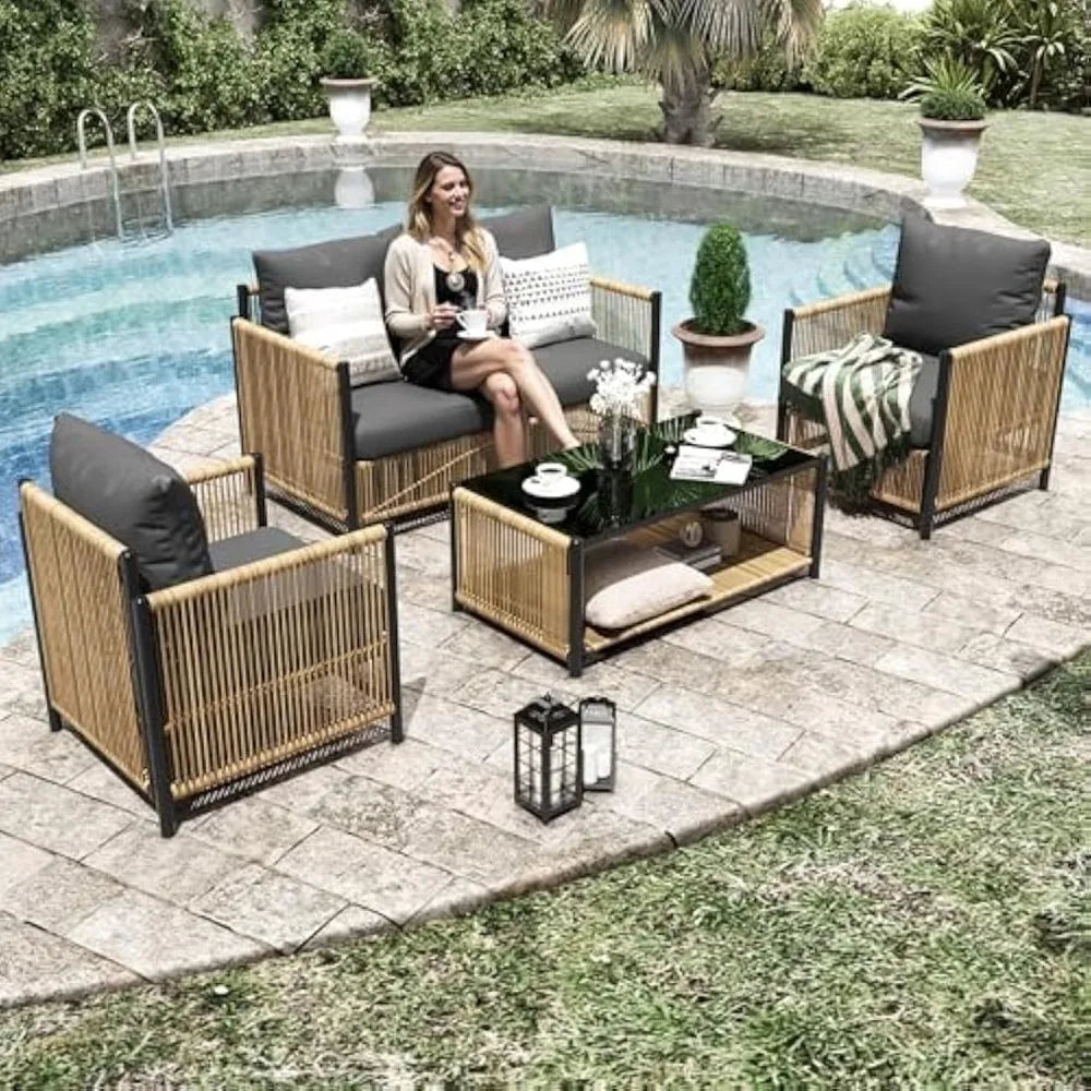 "Patio Furniture Set 4 Pieces, Outdoor 4-Seat Sofa with 2-Tier Coffee Table & Waterproof Thick Cushions – Deep Seating Comfort"