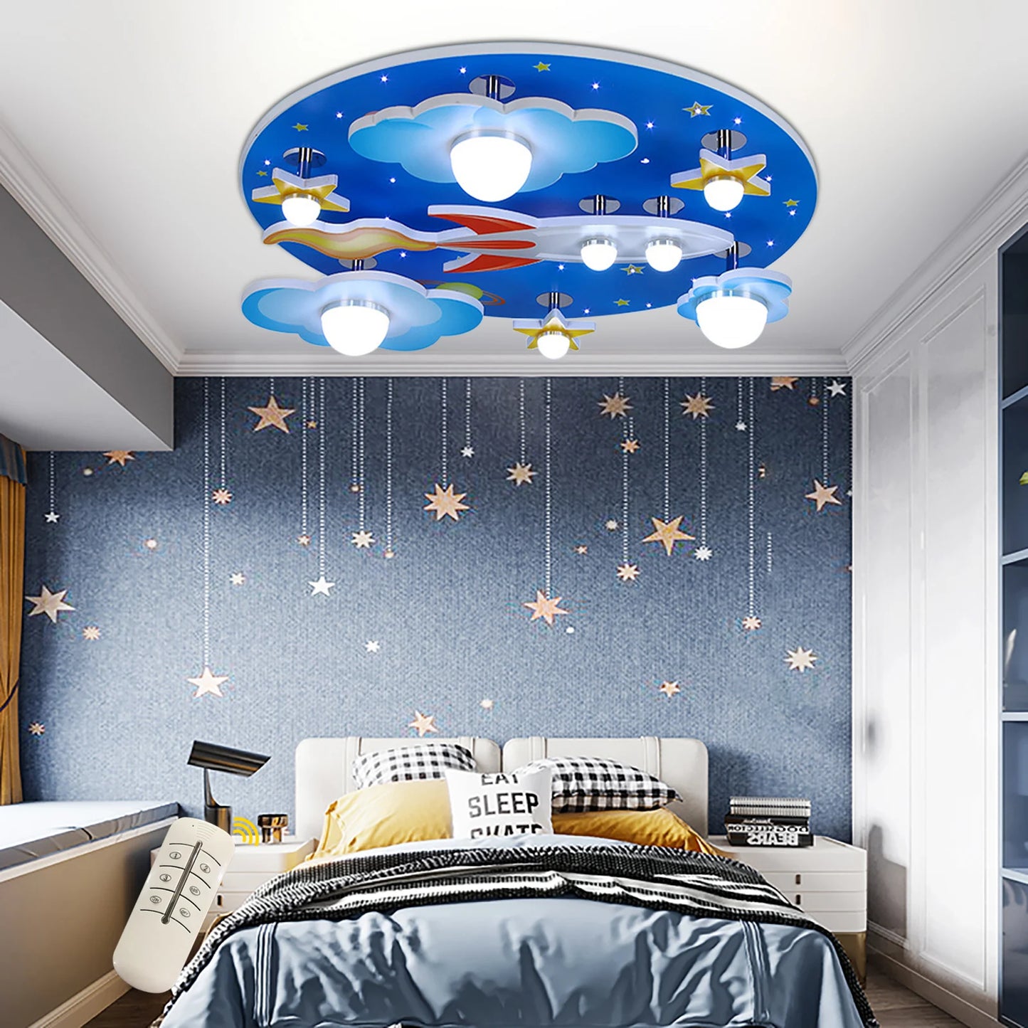 23.62" Modern Cartoon LED Ceiling Light Dimmable Blue Wood Cosmic Stars Flush Mount Chandelier Children's Room Ligting Fixture