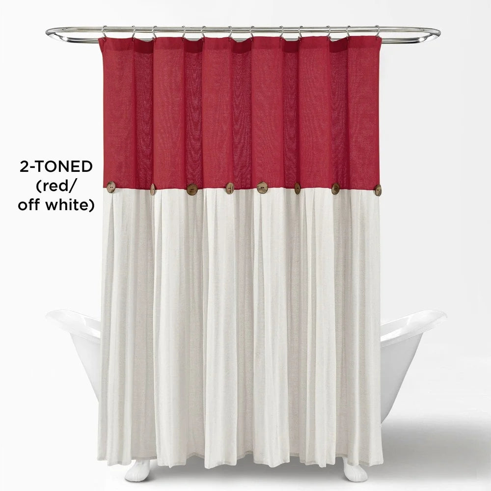 Linen Button Color Block Shower Curtain 72x72 Faux Linen Fabric Pleated Design Machine Washable Bathroom Decor