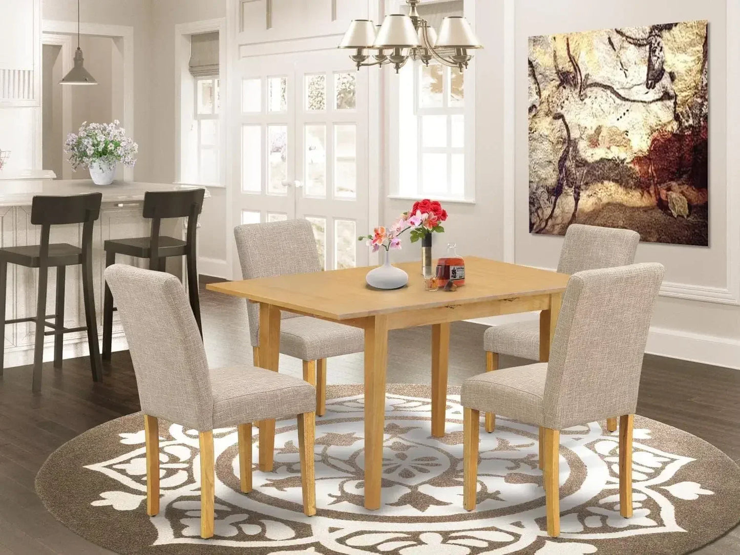 5 Piece Dining Set Includes a Rectangle Dining Room Table with Butterfly Leaf and 4 Light Tan Linen Fabric Upholstered Chairs