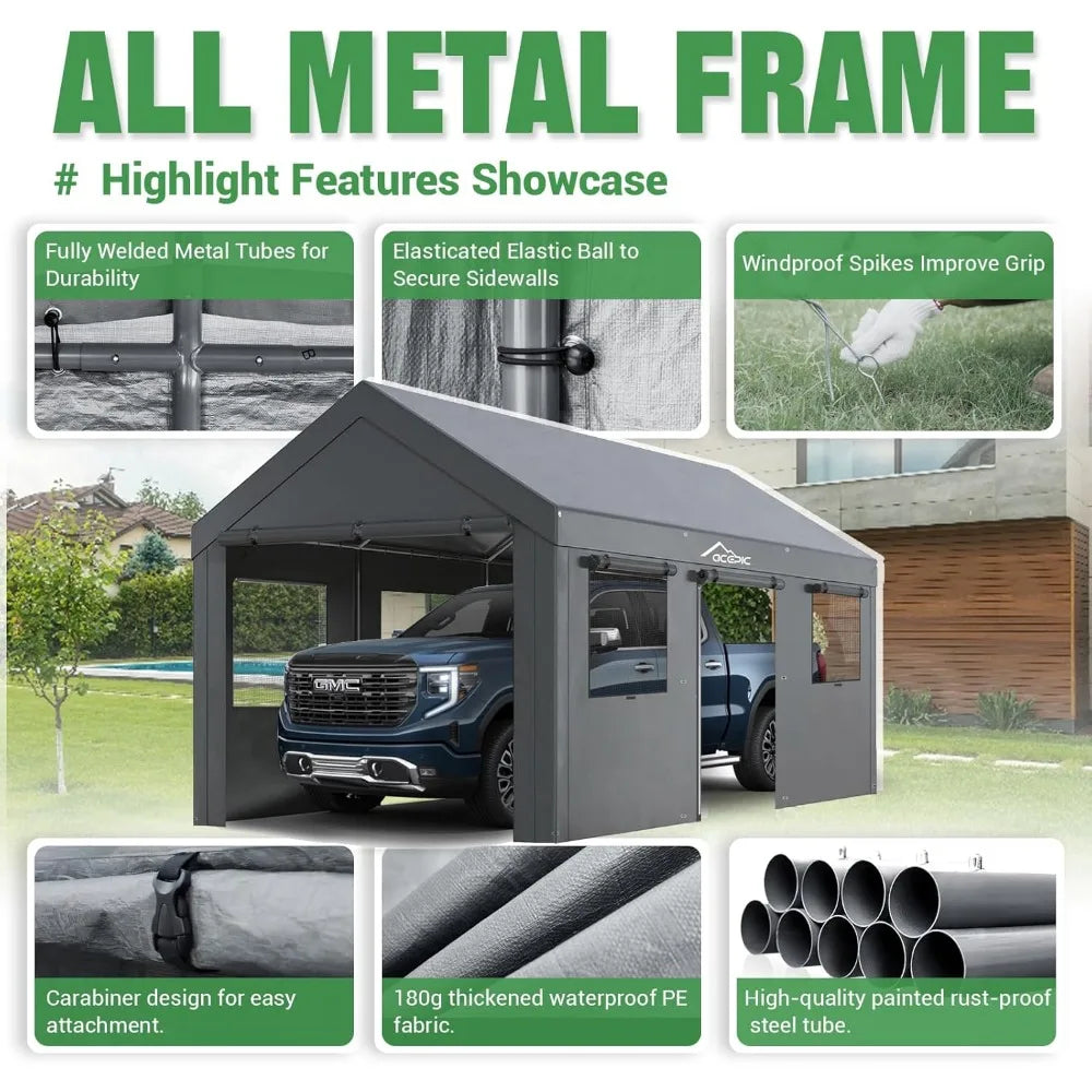 Carport 10x20ft Heavy Duty Carport Features Roll-up Windows & Doors, Portable Garage with UV Resistant Waterproof All-Season Tar