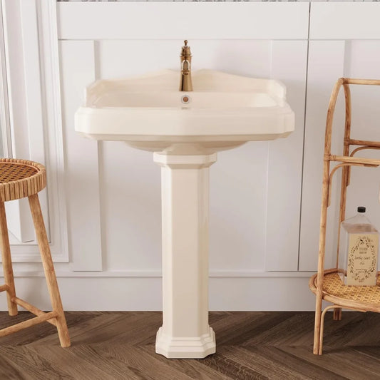 DeerValley - 23" x 19" Inch Bone Color Pedestal Sink Combo, Ceramic Pedestal Sink for Bathroom, with Overflow Hole 1 Faucet Hole