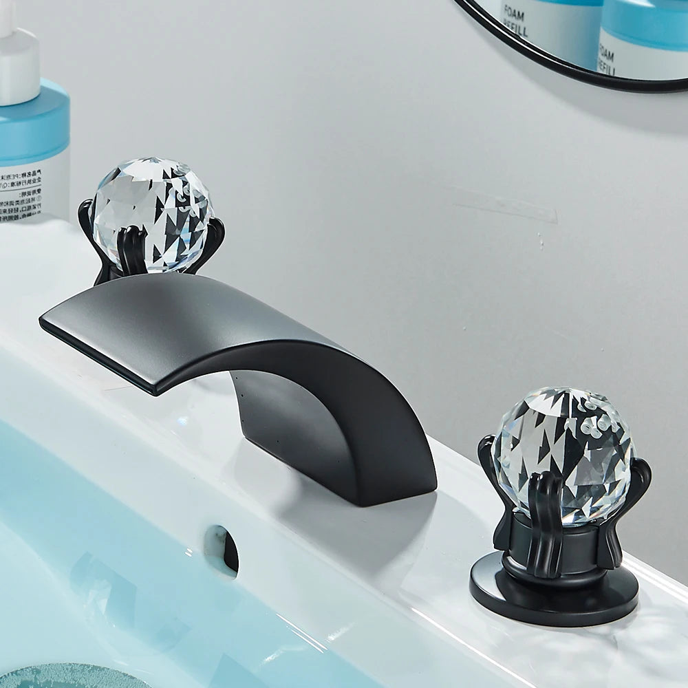 LED Widespread Bathroom Faucet Waterfall Gold Polished Lavatory Faucets Basin Mixer Tap 2 Crystal Knobs 3 Holes