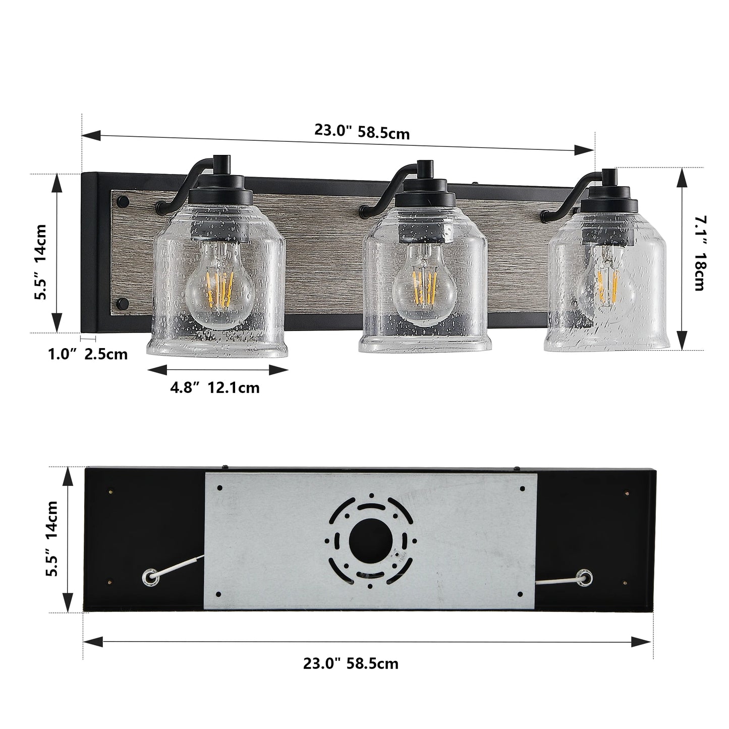 23" Farmhouse Vanity Light Fixture, 3-Light Bathroom Wall Sconce with Clear Seed Glass Shades, Black and Wood Grain Finish