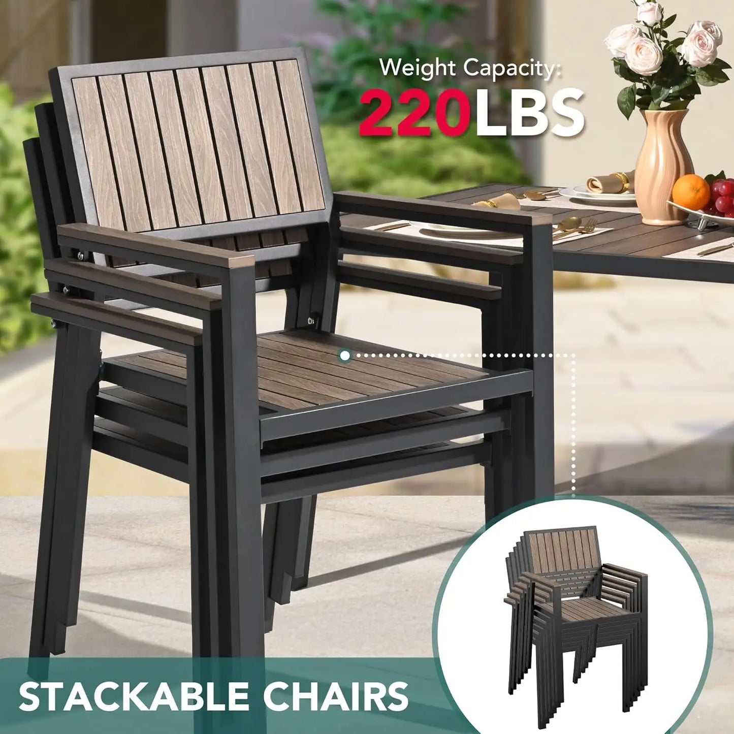 8-Piece Outdoor Dining Set, Patio Furniture Set with Walnut Plastic-Wood Table Top & 6 Stackable Chairs