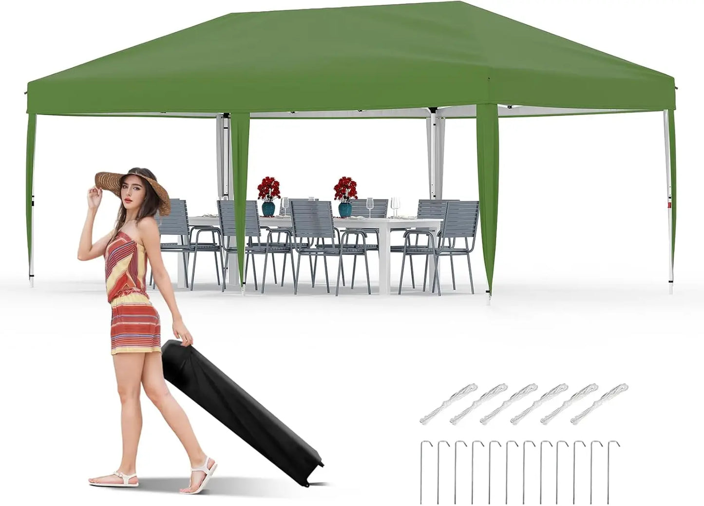 10x20FT Pop Up Canopy - Easy Up Camping Tent with One Roller Bag, 3 Adjustable Height, 4 Weight Bags for Deck Garden Beach