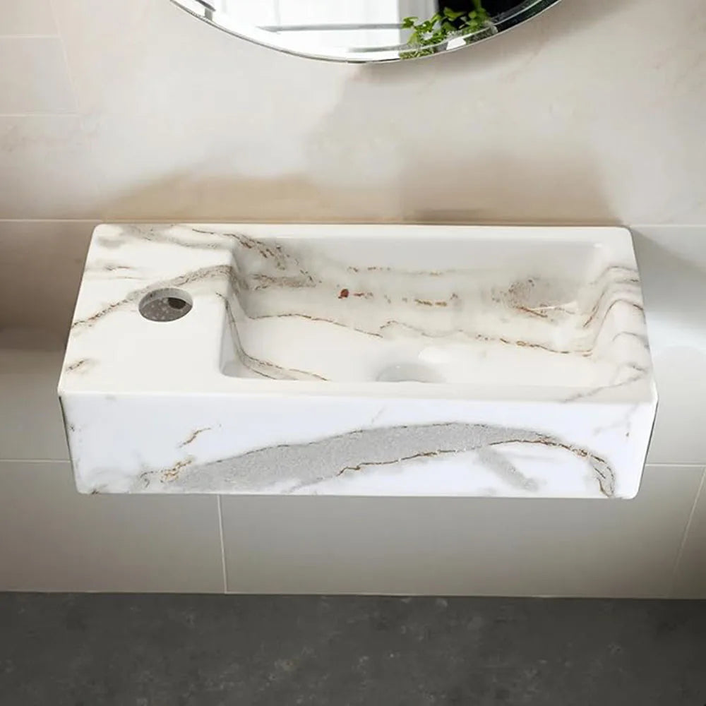 KEMAIDI Wall Mounted Marbling Vessel Sink 15x7 inch Rectangular White Floating Small Bathroom Ceramic Sinks Porcelain Basin Bowl