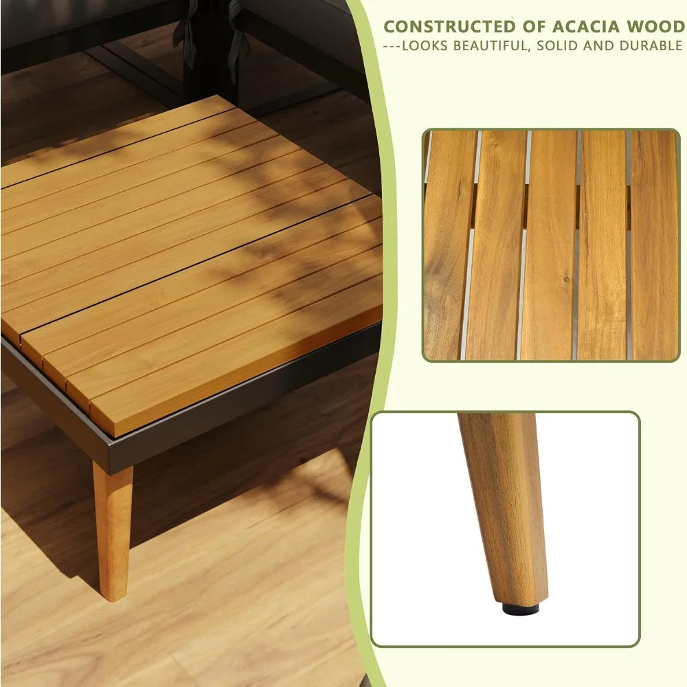 8 Pieces Patio Furniture Set, Outdoor Sectional Sofa Couch with Acacia Wood Coffee Table&Side Table,Modern Metal Outside
