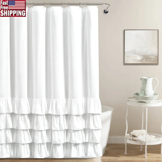 Elegant Ruffle Shower Curtain White 72x72 Feminine Textured Design Ideal Modern Farmhouse Cottage Minimalist Bathroom Decor