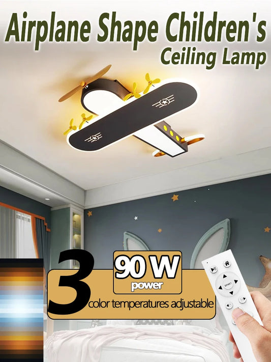 Kids' Room Aircraft Ceiling Light, Creative Cartoon Smart Remote-Controlled Eye-Caring Lamp for Boys' Bedroom