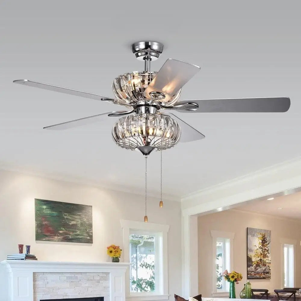6-Light Crystal Ceiling Fan Remote Control 5-Blade Chrome Finish Elegance Reversible Blades 3-Speed Adjustable Lighting Home