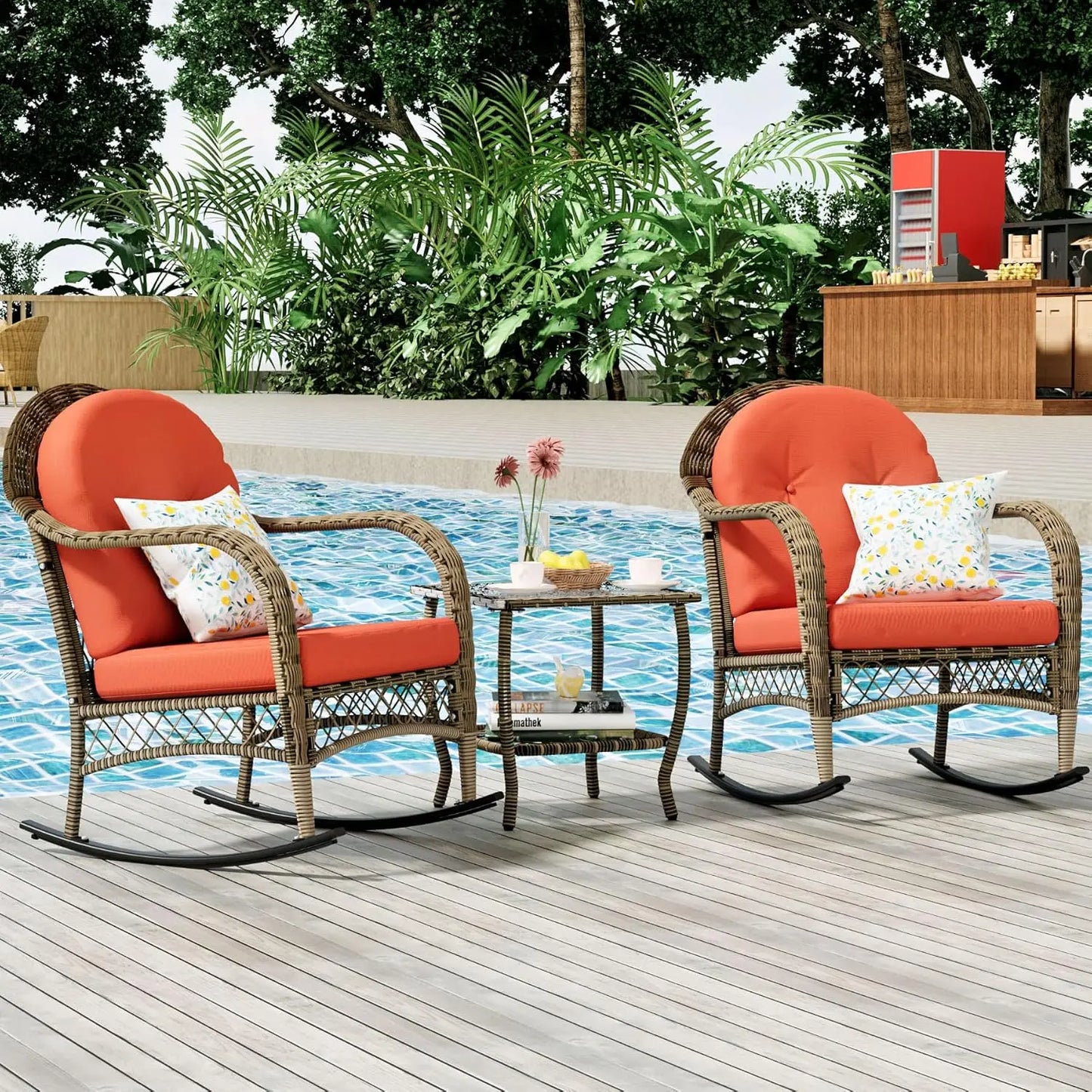 3 Pieces Patio Conversation Set, Lounge Rocking Chair with Cushion and Coffee Table, Wicker Bistro Set, Outdoor Furniture for Po