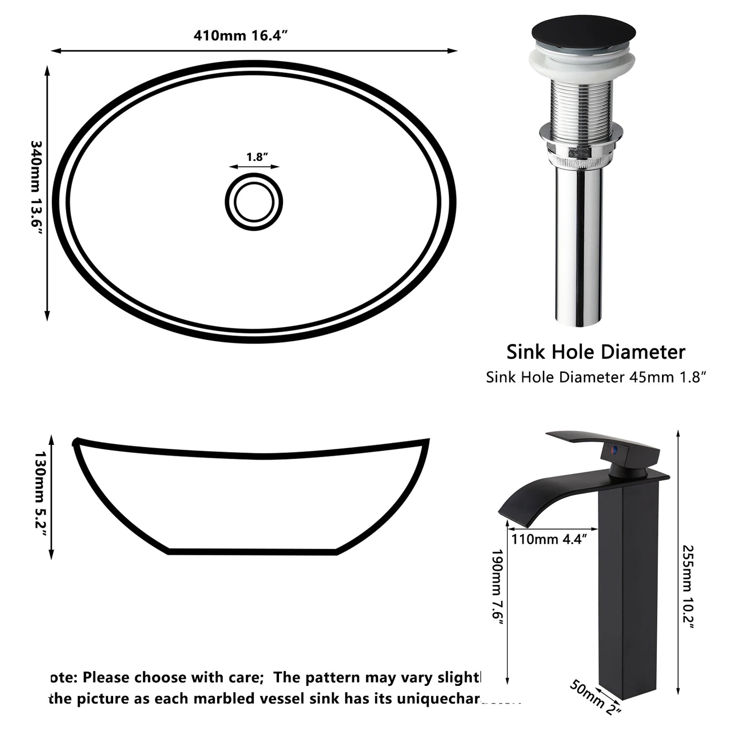 Monite Matte Black Bathroom Sink Faucet Set Modern Stone Resin Basin W/ Waterfall Tap Pop Up Drain Combo Art Oval Vessel Sinks