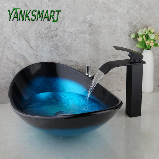 YANKSMART Bathroom Vessel Oval Sink Set Contemporary Tempered Glass Basin Black Faucet Chrome Pop-up Drain Combo Washbasin Kit