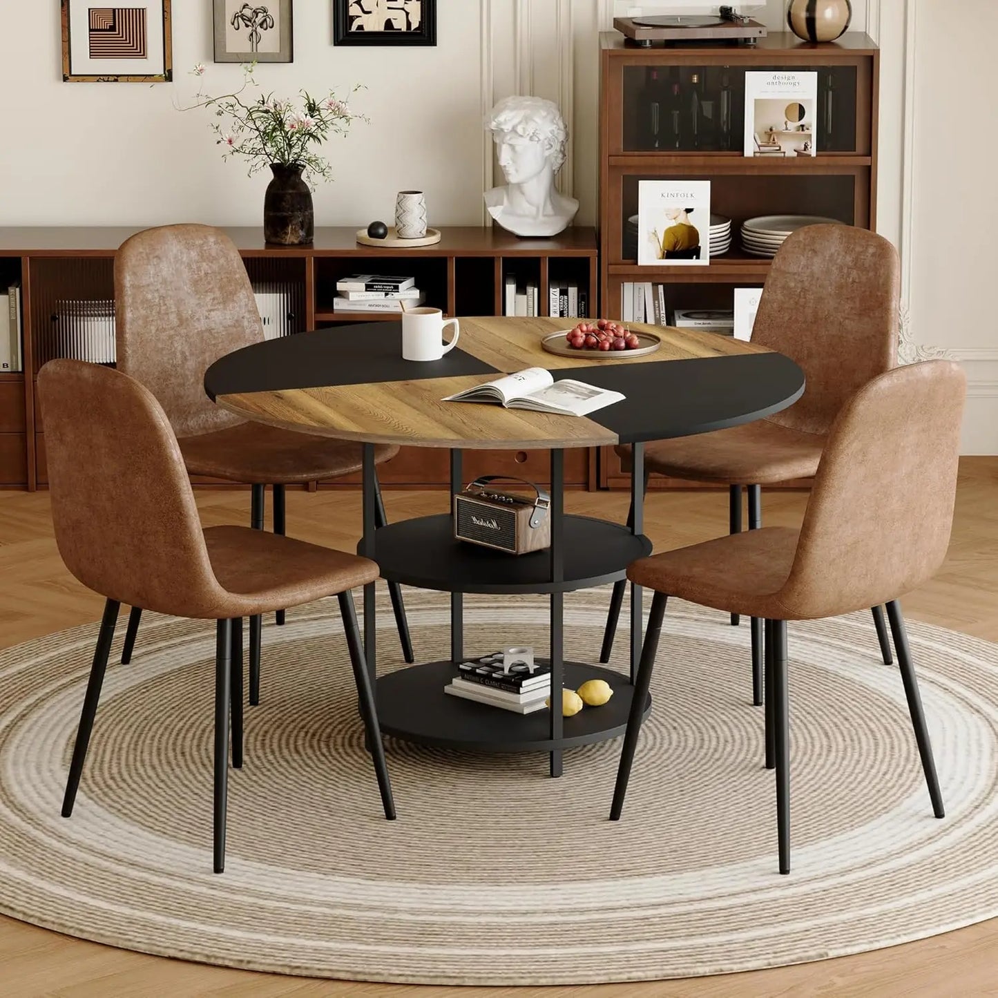 Round Dining Table Set for 4, 47” 5-Piece Dining Set with 2-Tier Storage Shelf and Space-Saving Design, Modern Table and Chairs