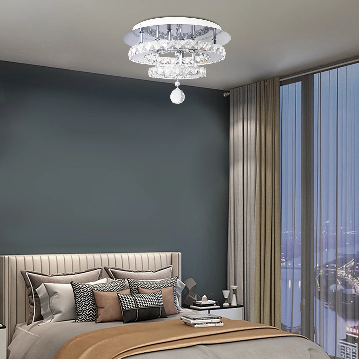 Modern Crystal Ceiling Lamp LED Living Dining Room Ring Pendant Light Chandelier Remote Control Hanging Decor Luminai