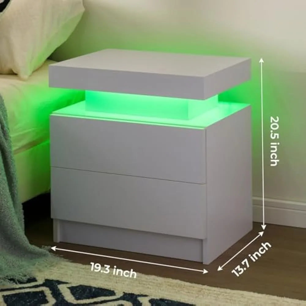 LED Nightstand Set of 2 with 2 Drawers, Bedside Table with Drawers for Bedroom Furniture, Side Bed Table
