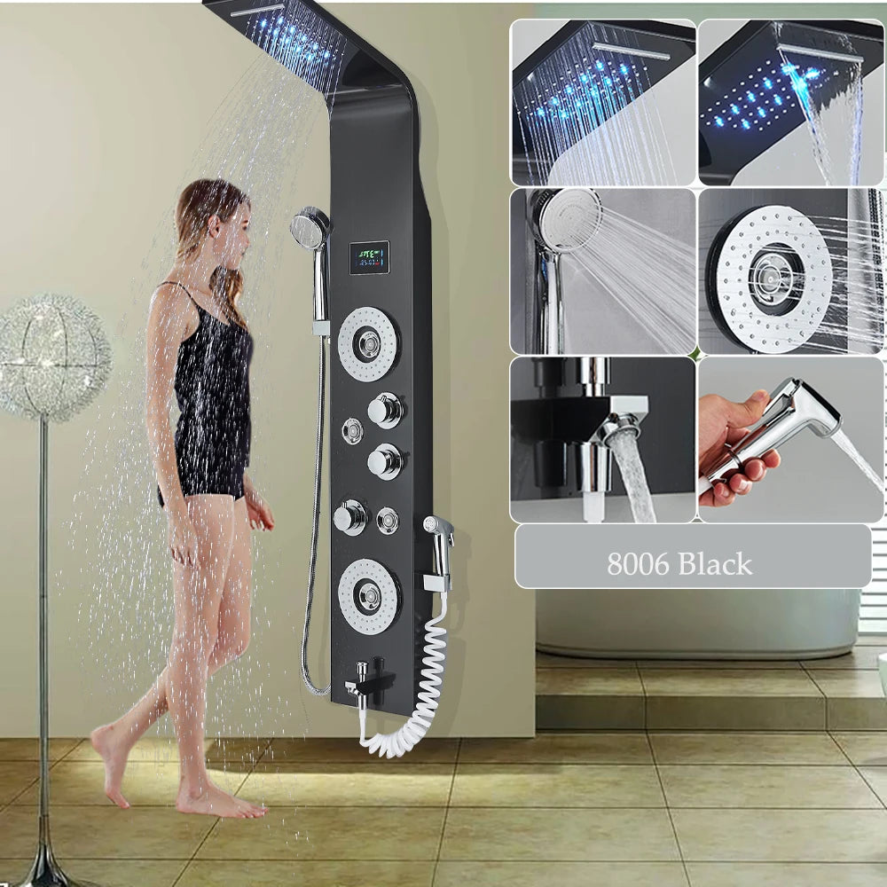 LED Shower Panel Six Functions Waterfall Shower Panel Bathroom Faucet Bathroom SPA Massage Jet Tub Mixer Massage Sprayer